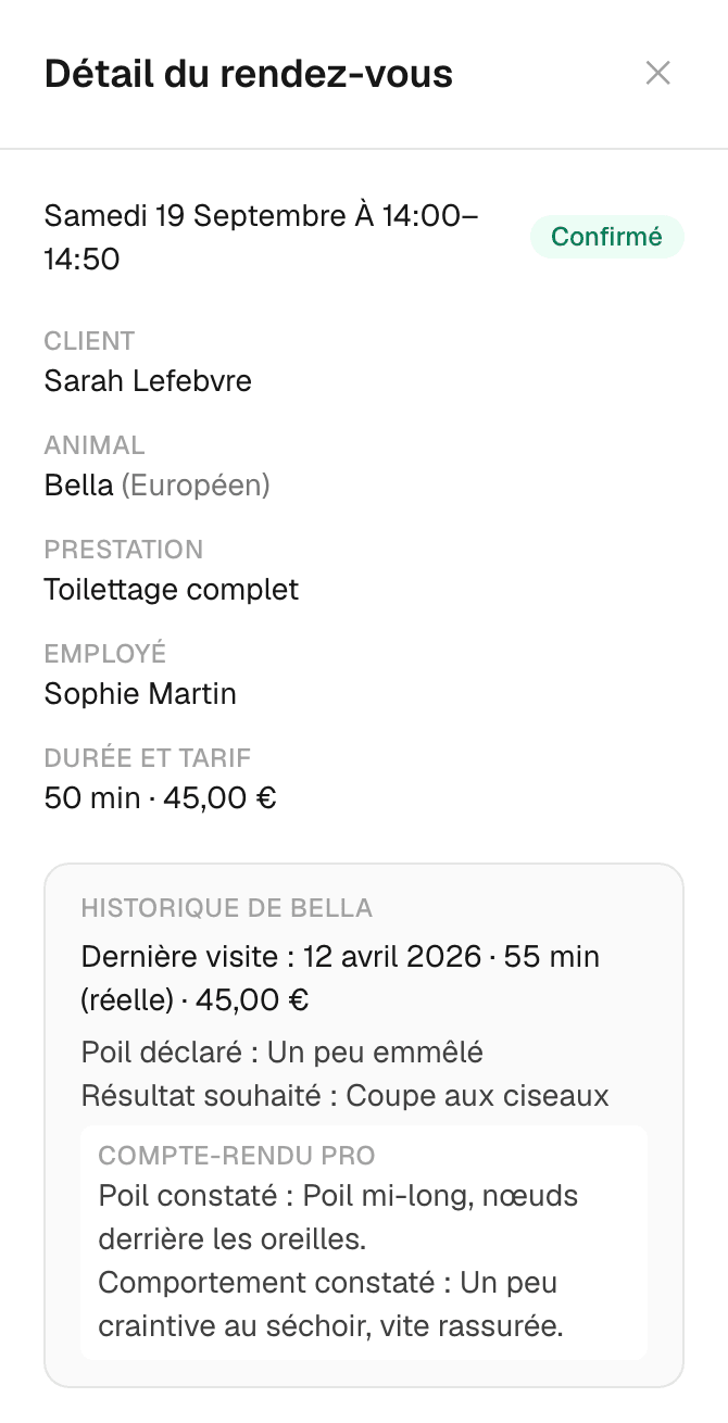 Capture d'IRONN : détail d'un rendez-vous, avec l'historique de l'animal — dernière visite, poil et résultat déclarés par le client, compte-rendu du toiletteur
