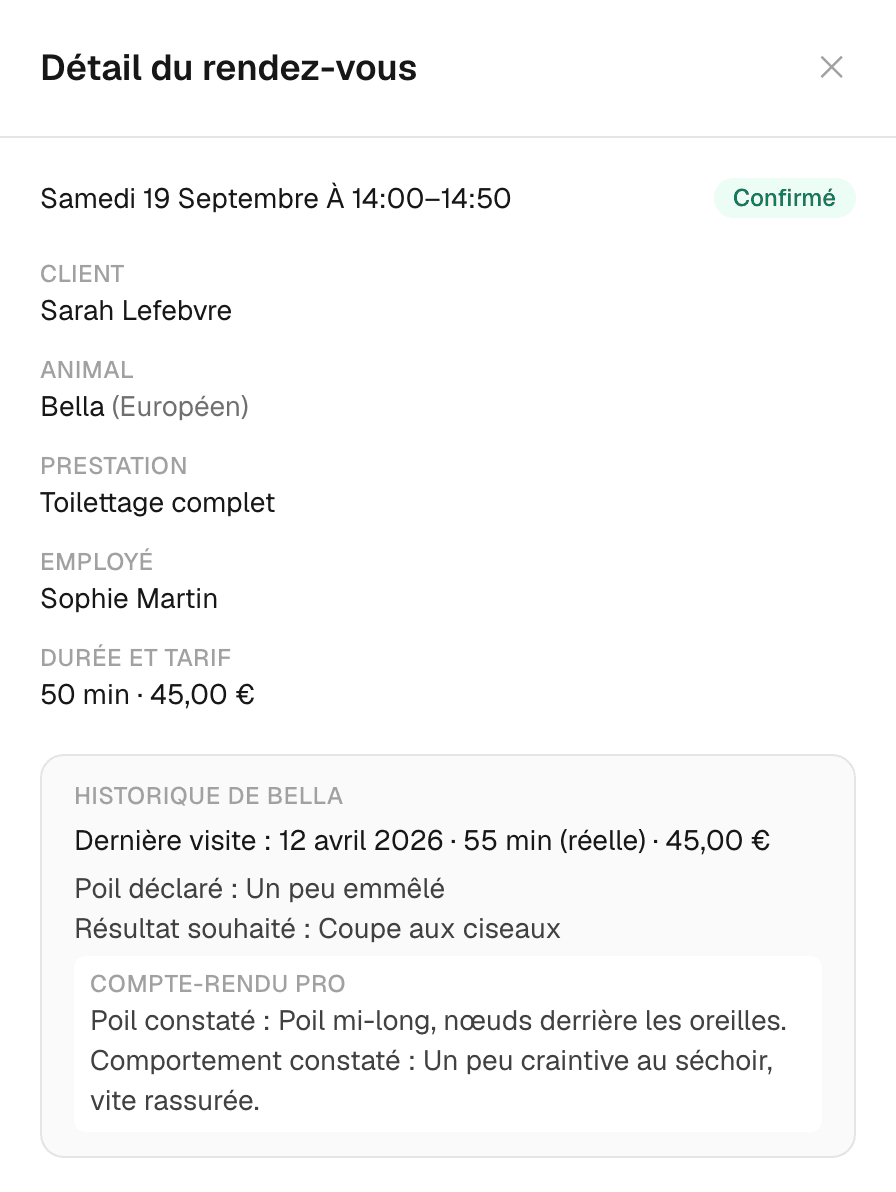 Capture d'IRONN : détail d'un rendez-vous, avec l'historique de l'animal — dernière visite, poil et résultat déclarés par le client, compte-rendu du toiletteur