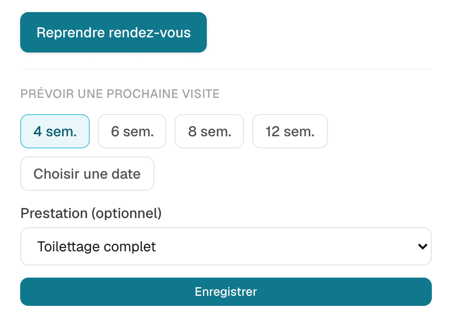 Capture d'IRONN : boutons « Reprendre rendez-vous » et choix d'une prochaine visite (4, 6, 8 ou 12 semaines, ou une date)